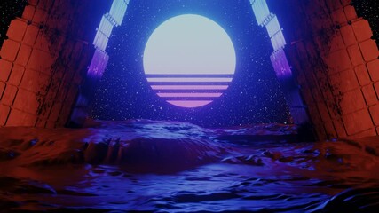 Wall Mural - Cyberspace tunnel with rocks and sun in future galaxy. 3D render animation deisgn, modern background, seamless loop, neon lights and geometric grid