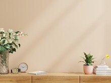 Interior Wall Mock Up With Flower Vase,dark Brown Wall And Wooden Shelf.