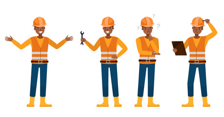 Set of Builder man working character vector design. Presentation in various action with emotions.