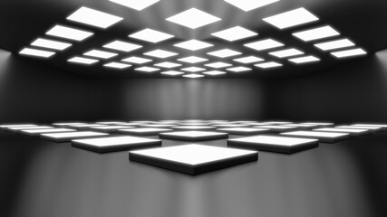 Poster - Dark and white light neon podium display stage for a product, Square shape with technology and game concepts, Pedestal for display, Platform for design, 3D rendered black geometric product stand