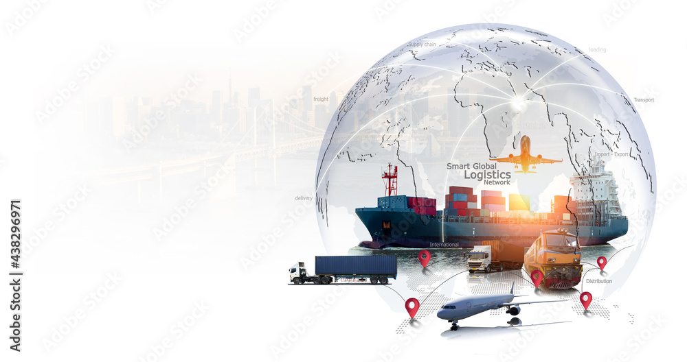 World map with logistic network distribution, Logistic and transport concept in front Industrial Container Cargo freight ship for Concept of fast or instant shipping, Online goods orders worldwide - obrazy, fototapety, plakaty 