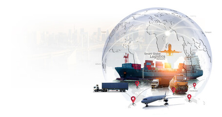 Wall Mural - World map with logistic network distribution, Logistic and transport concept in front Industrial Container Cargo freight ship for Concept of fast or instant shipping, Online goods orders worldwide