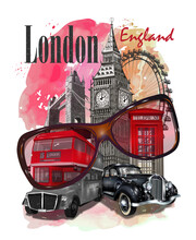 London Vintage Poster With Big Ben,retro Car And Red Bus. 
