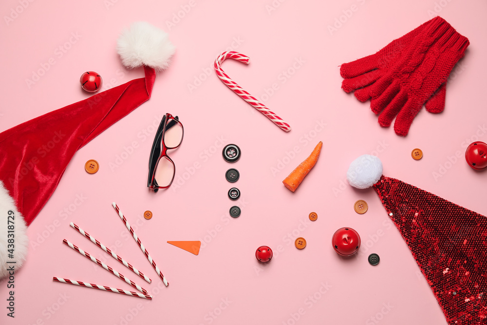 Beautiful composition with Christmas decor on color background