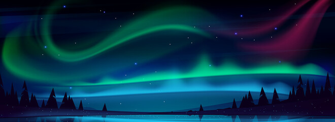arctic aurora borealis over night lake in starry sky, polar lights natural landscape. northern amazi