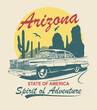 Arizona typography for t-shirt print with sign route 66 and retro car.Vintage poster.