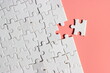 © Hasim Ramle - Jigsaw puzzle with missing piece. Missing puzzle pieces. Concept image of unfinished task. Completing final task, missing jigsaw puzzle pieces and business concept with a puzzle piece missing. pink