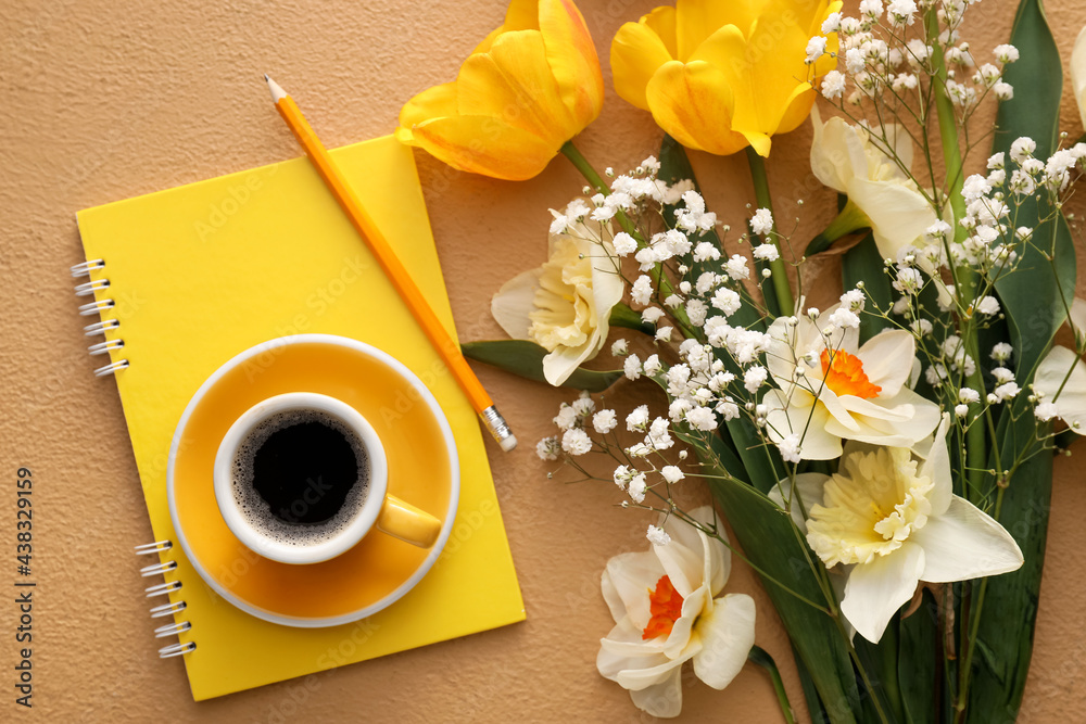 Composition with beautiful flowers and cup of coffee on color background