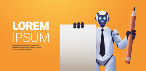 Poster - robot cyborg holding notepad and pencil robotic character artificial intelligence technology concept