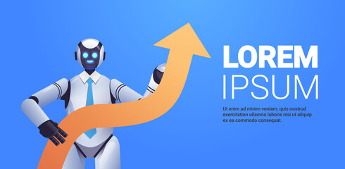 Poster - modern robot holding upward arrow business growth achievement success artificial intelligence concep