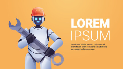 Poster - modern robot in helmet holding wrench repair service artificial intelligence concept horizontal