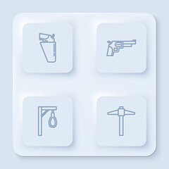 Poster - Set line Revolver gun in holster, , Gallows and Pickaxe. White square button. Vector