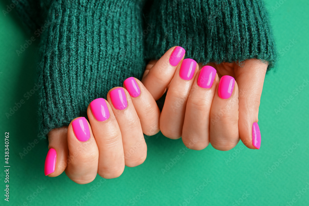 Woman with beautiful manicure on color background - obrazy, fototapety, plakaty 