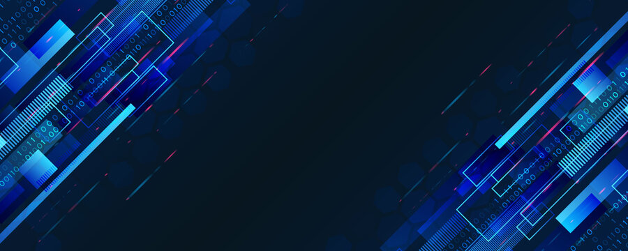 Wide background with various technological elements. Hi-tech computer digital technology concept. Abstract technology communication. Neon glowing lines. Speed and motion blur over dark  background. 