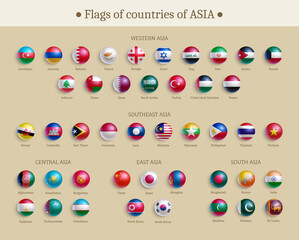 Wall Mural - flags of countries of asia glossy buttons set. banner with asian countries flags, round shape icons 