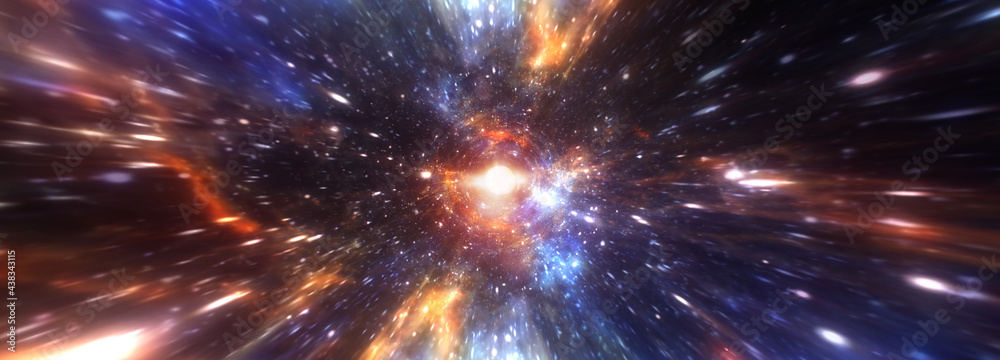 Abstract hyperspace tunnel through space time vortex. 3D illustration Sci-Fi interstellar travel through wormhole in hyperspace. 3D rendering Teleportation velocity jump in cyberspace panorama banner. - obrazy, fototapety, plakaty 