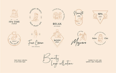 Hand drawn line art beauty vector logo design template collection. Illustration of elegant signs and badges for beauty, natural cosmetics, spa and wellness, fashion, wedding.