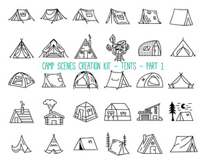set of linear icons of camping tents