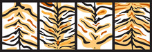 Set Of Backgrounds Of Tiger Stripes And Orange Spots. Vector Abstract Collage Of Predator Skins