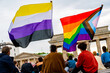 People stand up for the rights of transgender people in front of the brandenburger gate on the 01.06.21