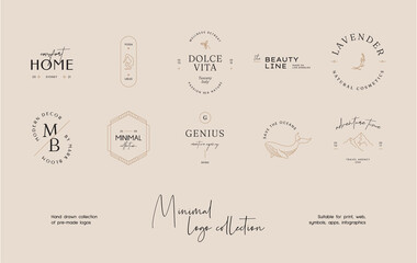 hand drawn line art minimal vector logo design template collection. illustration of elegant signs an