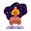Young woman reads a large paper book and fantasizes about the cosmos. Creative imagination and thinking. Book lover, reader, modern literature fan. Flat cartoon vector illustration.
