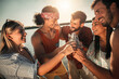 © Zoran Zeremski - Portrait of young friends standing on a pier toasting with alcoholic beverage and enjoying a summer day at the lake