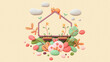 © roman3d - Fluffy red cat lies on balcony enjoying nature, warm spring days. Floating cute magic frame in colorful garden, green leaves of bushes, flying bubbles. 3d render in minimal art style on beige backdrop