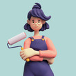© roman3d - Portrait of smiling positive casual girl in glasses wearing blue apron, red t-shirt holds a white paint roller in one hand. Cute lady painter. Minimal art style. 3d render on light turquoise backdrop