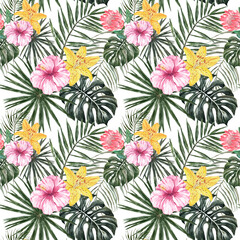 Summer floral tropical seamless pattern. Watercolor print with exotic plants, flowers and leaves. Green palm leaf on white background. Artistic botanical wallpaper.