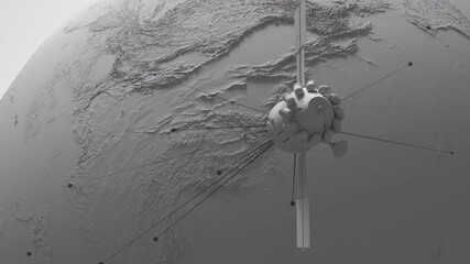 Wall Mural - global satellite system in light gray style LEO communications satellite flies around the globe. looping animation