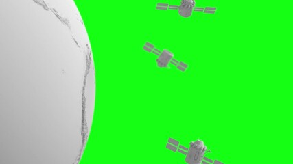 Wall Mural - global satellite system in light gray style of flying satellites around the globe. looping animation on a green background for keying