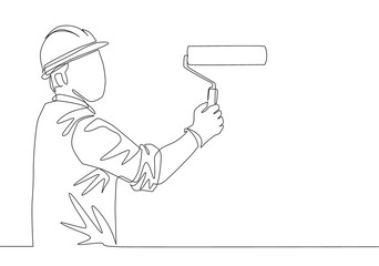 Poster - one single line drawing of young workman painting construction building wall with paint roller. pain