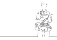 Single Continuous Line Drawing Of Young Handyman Wearing Building Construction Uniform While Holding Spirit Level. Craftsman Home Repair Service Concept. One Line Draw Design Illustration