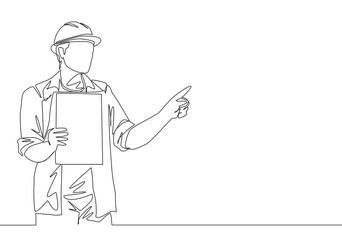 Wall Mural - One single line drawing of young construction foreman giving instruction to team builder member. Handyman house renovation service concept. Continuous line draw design illustration
