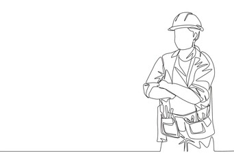 Poster - one continuous line drawing of young construction builder wearing uniform, tools belt and helmet whi