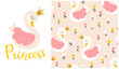 © Svitlana Kharchuk - Swan princess composition with tulip flowers seamless pattern. Vector fairy tale cute illustration in hand-drawn scandinavian cartoon style. The pastel palette is ideal for baby clothes, textiles.