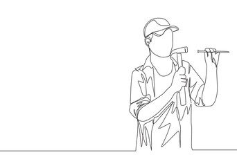 Poster - single continuous line drawing of young attractive male handyman nailing wall with a hammer. home re