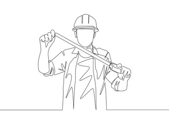Wall Mural - One single line drawing of young attractive handyman holding measurement tape. Building construction service concept Continuous line draw design illustration