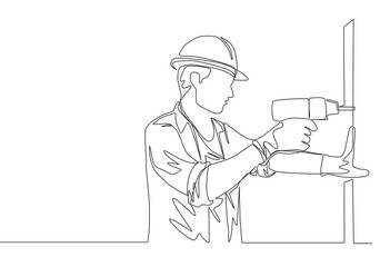 Poster - one continuous line drawing of young handsome handyman drilling wooden wall using drill machine. hou