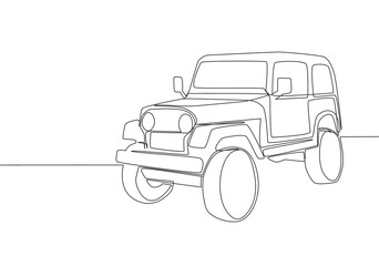 Wall Mural - Single line drawing of 4x4 speed wrangler jeep car. Offroad adventure rally vehicle transportation concept. One continuous line draw design