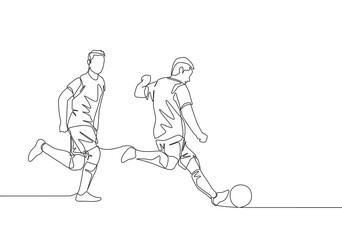 Poster - One continuous line drawing of young energetic football player kicking the ball to pass to his teammates. Soccer match sports concept. Single line draw design vector illustration