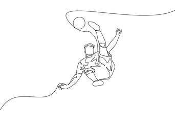 Poster - Single continuous line drawing of young talented football player shooting the ball with bicycle kick technique. Soccer match sports concept. One line draw design vector illustration