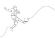 One single line drawing of young talented football player win the ball and shot the first time technique kick. Soccer match sports concept. Continuous line draw design vector illustration