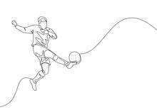 One Single Line Drawing Of Young Talented Football Player Win The Ball And Shot The First Time Technique Kick. Soccer Match Sports Concept. Continuous Line Draw Design Vector Illustration
