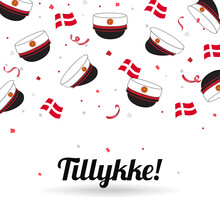 Graduation Cap With Flag Of Denmark On Confetti Background. Celebration Card Vector Illustration. Danish Translation: " Congratulations! "