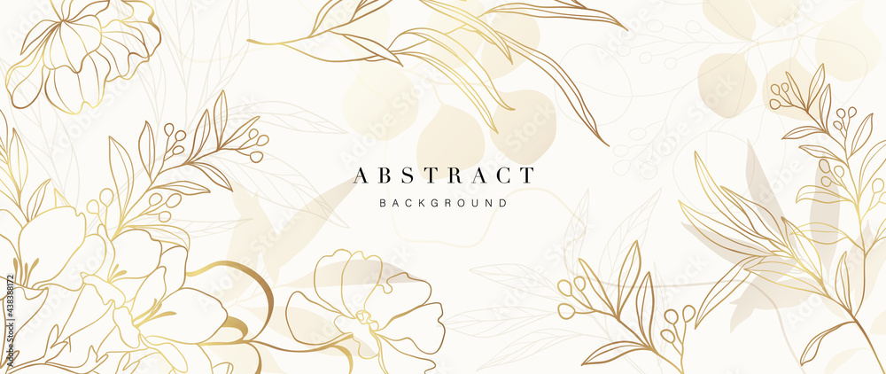 Golden Wild Flowers line art background vector. Luxury abstract art background with artificial flowers, Gold leaves, eucalyptus, trending hydrangea and summer blooms. Botanical wedding wallpaper.  - obrazy, fototapety, plakaty 