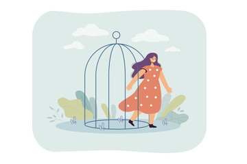 Poster - Happy woman leaving birdcage. Female cartoon coming out of cage, opening up flat vector illustration. Freedom, domestic violence, mental health concept for banner, website design or landing web page