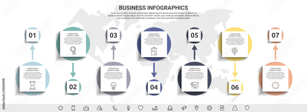 Minimal infographics with seven square elements or circles. Modern ...