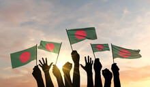 Silhouette Of Arms Raised Waving A Bangladesh Flag With Pride. 3D Rendering